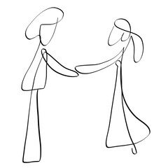young couple reaching out to each other with their hands, date or dance, black abstract pattern with two inseparable lines