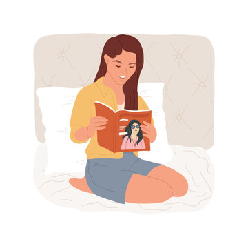 Reading magazines isolated cartoon vector illustration. Smiling teenage girl reading magazines about stars in bed, spending free time at home, relaxing in teen room vector cartoon.