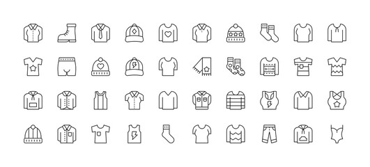Clothing line icon set. Dress, polo t-shirt, jeans, winter coat, jacket pants, winter hat, skirt minimal vector illustrations. Simple outline signs for fashion application. 