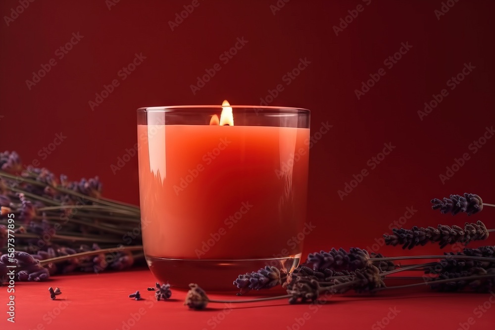 Poster a lit candle surrounded by dried lavenders on a red background with a red background and a red backg
