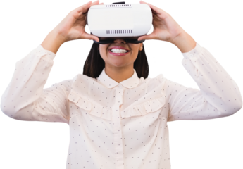 Smiling woman using virtual reality glasses