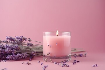 Obraz na płótnie Canvas a pink candle surrounded by lavender flowers on a pink background with a pink background and a pink background with a pink background and a pink background with a. generative ai