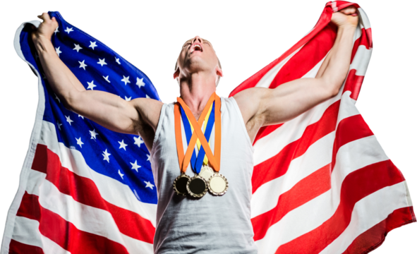 Athlete posing with gold medals after victory