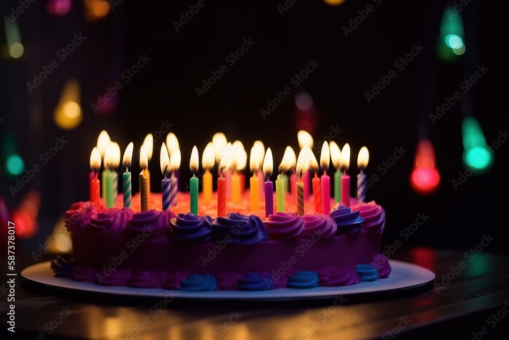 Poster  a birthday cake with lit candles on a table in front of a black background with colorful lights in the background and a black background with multi - colored lights.  generative ai
