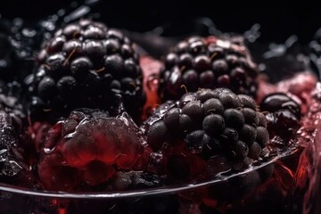  a glass bowl filled with blackberries and raspberries covered in ice water on a black background with drops of water on the rim.  generative ai