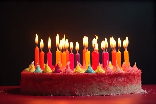  a birthday cake with many lit candles on it's top and a red table with a red surface and a black background behind it.  generative ai