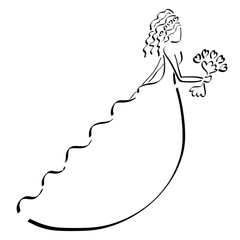 lovely bride in a long dress with a train, in a crown and flowers in the shape of a heart, black outline