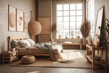 Fototapeta na wymiar Japandi farmhouse bedroom. Beige apartment with natural wood furnishings and dry plants. Illustration. Generative AI