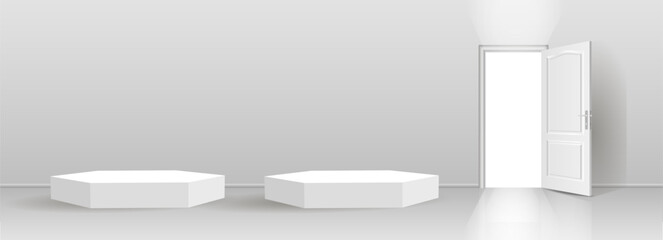 The interior of an empty room with a white wall, an open door and a white podium.
Free space for copying a 3d image.
