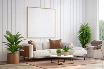 living room background with mock up poster frame. Generative Ai	