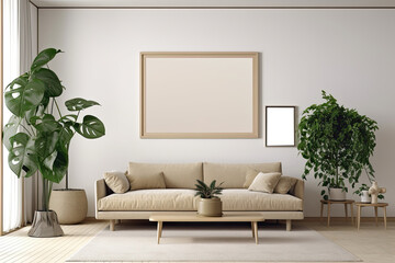 living room background with mock up poster frame. Generative Ai	