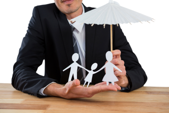Businessman holding umbrella and paper family - Powered by Adobe