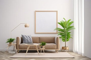 living room background with mock up poster frame. Generative Ai	