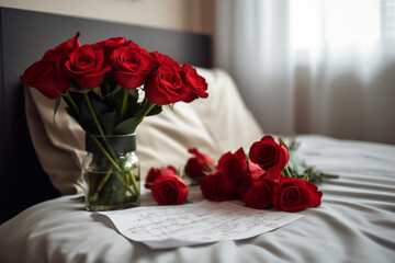 bouquet of red roses with a handwritten
