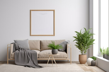 living room background with mock up poster frame. Generative Ai	