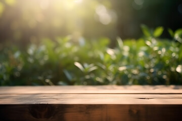 empty wooden table top with blurred plants background. Place for your text. AI generated