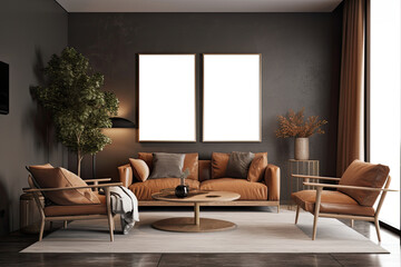living room background with mock up poster frame. Generative Ai	