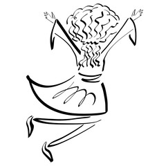 girl cheerfully jumps up throwing her hands up, child rejoicing, black outline on white