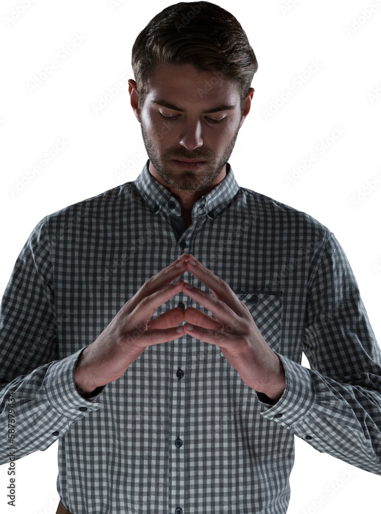 Poster man pretending to hold an invisible object