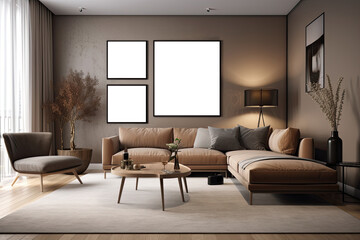 living room background with mock up poster frame. Generative Ai	