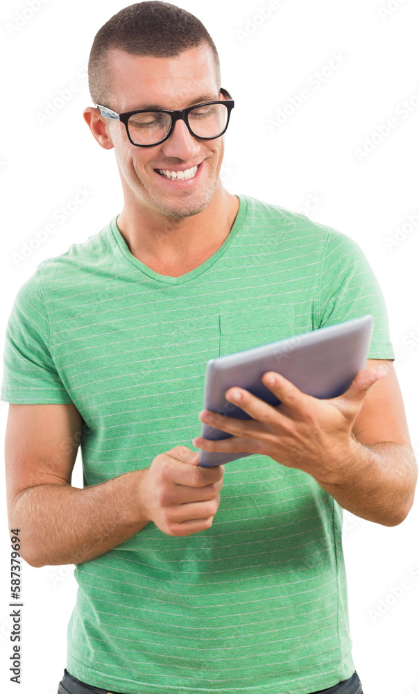 Poster man using digital tablet on white background