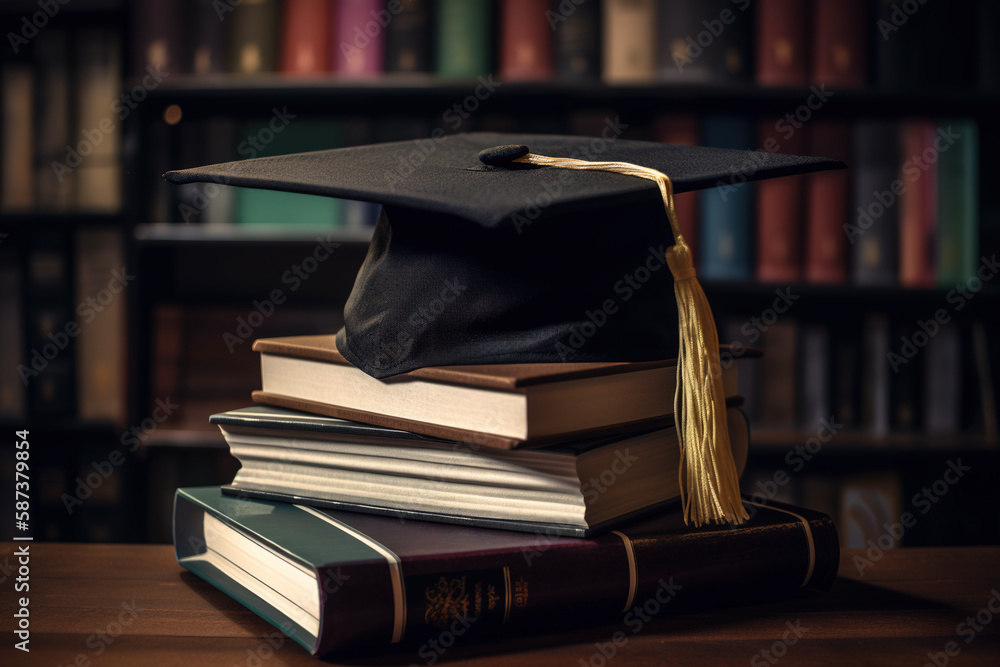 Poster graduation cap and gown at the top of tall textbooks stack, the symbol of wisdom. ai generative imag