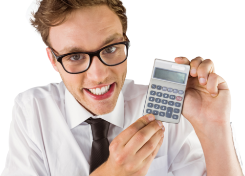 Geeky businessman showing a calculator - Powered by Adobe