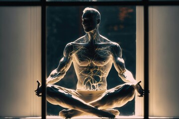 Man meditating in lotus position on the window. Concept of healthy lifestyle
