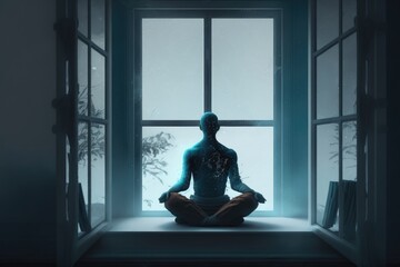 Man meditating in lotus position in front of window at night
