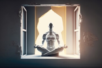 Man meditating in lotus position in front of window. Yoga concept