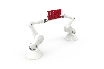 Metallic robotic hand holding team work text over white background