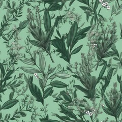 Rosemary and mint in a herb seamless pattern. AI generated.