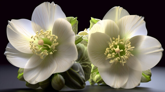 White hellebore flowers on a black background with copy space, Generative AI