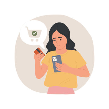 Wasting money isolated cartoon vector illustration. Worried cute girl doing impulsive spending all money during online shopping, looking guilty with oops face, teens bad habits vector cartoon.