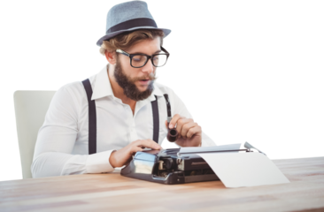 Hipster holding smoking pipe while working on typewriter