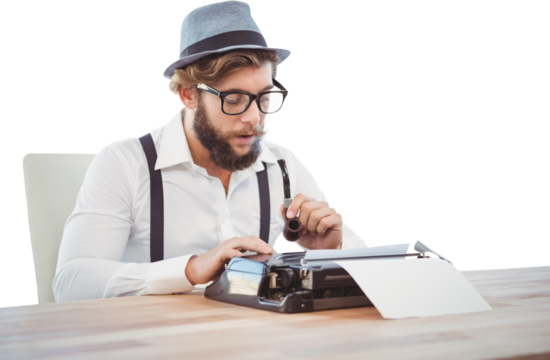 Hipster holding smoking pipe while working on typewriter