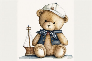 Teddy bear sitting dressed as a sailor with a toy sailboat boat watercolor, Generative AI - obrazy, fototapety, plakaty