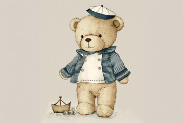 Teddy bear standing up dressed as a sailor with a little sailboat beside him watercolor, Generative AI - obrazy, fototapety, plakaty