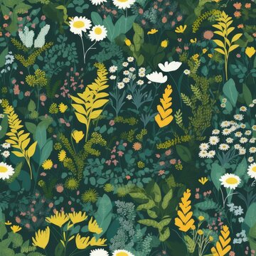 Wildflowers and ferns in a scattered free. Beautiful seamless floral pattern.