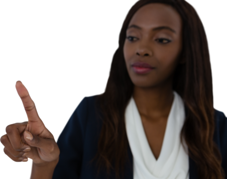 Close up of young businesswoman touching imaginary screen