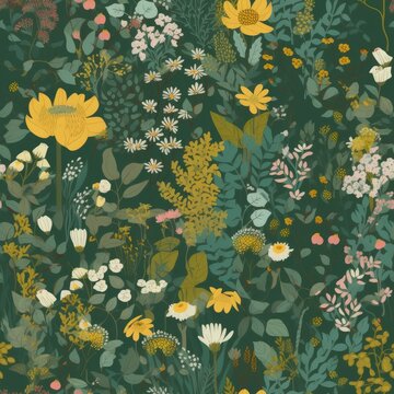 Wildflowers and ferns in a scattered free. Beautiful seamless floral pattern.