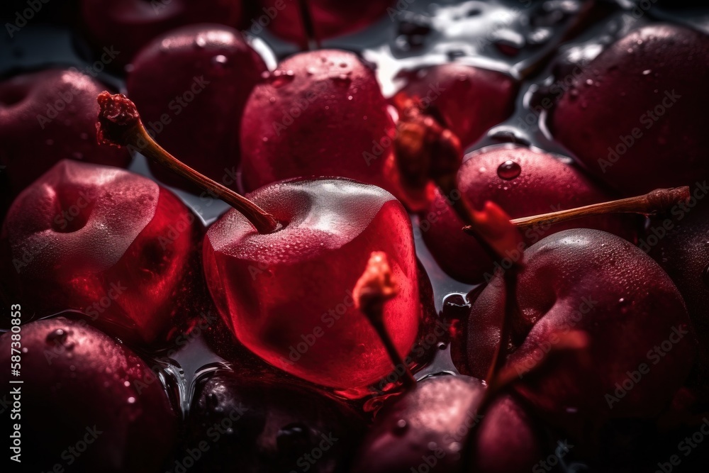 Poster a close up of cherries with water droplets on them and a red stick sticking out of the middle of the