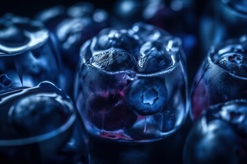  a close up of a glass filled with blueberries and other fruit in it's bottom half, with a dark background and a few other blueberries in the bottom half of the glass.  generative ai