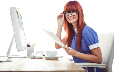 Smiling hipster woman with document