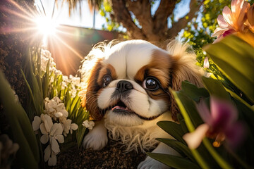 Japanese Chin puppy in the sunny garden, Generative AI