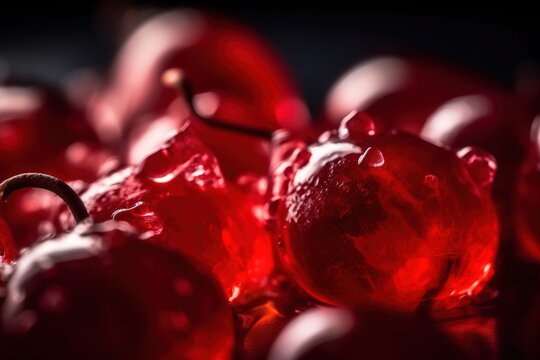 a close up of a bunch of cherries with drops of water on them and on the surface of the image is a black background.  generative ai