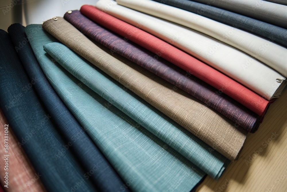 Poster a bunch of different colors of cloths on a counter top with a white background and a black one in th