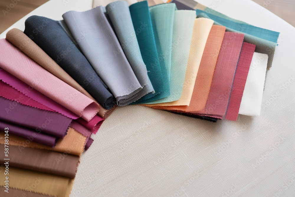 Aufkleber a bunch of different colors of fabric on a table top with a white table cloth on the side of the tab