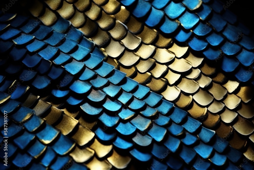 Poster a close up of a blue and gold pattern on a surface with a black background and a gold stripe in the 