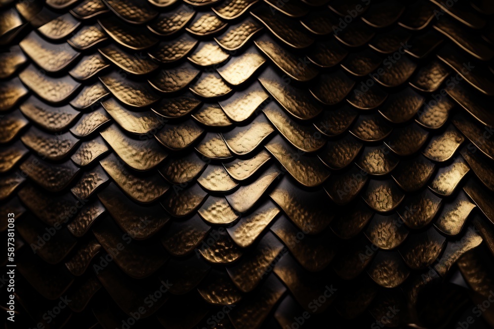 Poster a close up of a snake skin textured with gold paint and a black background with a light shining thro